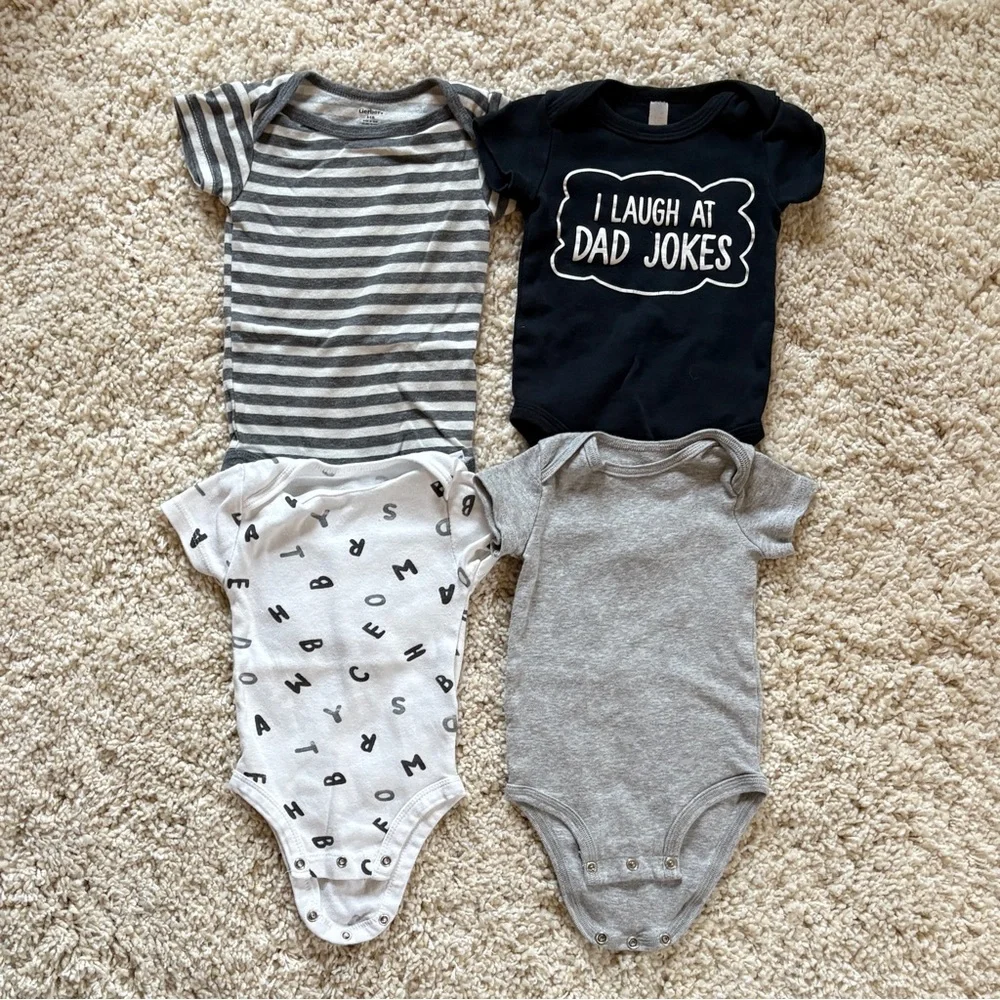 Gender Neutral Onesie Bodysuits Gray Black White “ I Laugh at Dad Jokesl” ABCs